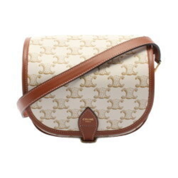 Celine Falco Triomphe Shoulder Bag Leather Ivory White Brown - Picture 1 of 4